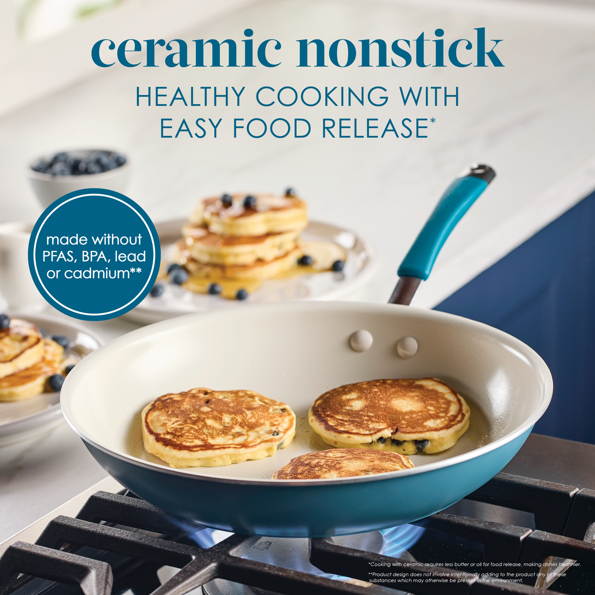Ceramic nonstick, healthy cooking with easy food release, made without PFAS, BPA, lead or cadmium: marine blue frying pan of blueberry pancakes on a gas stove