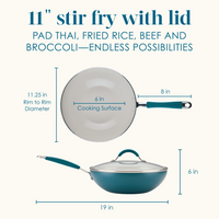 11-inch stir fry with lid; pad thai, fried rice, beef and broccoli, endless possibilities: top and side views of the marine blue pan, 11.25-inch rim to rim, 6-inch cooking surface, 8-inch handle, 6 inches tall, 19 inches long