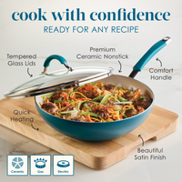 Cook with confidence, ready for any recipe; tempered glass lids, premium ceramic nonstick, comfort handle, quick heating, satin finish; for ceramic, gas and electric stoves: marine blue stir fry pan of shrimp and noodles
