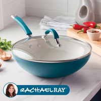 Marine blue covered stir fry pan on a marble counter with mushrooms and red chiles, with the Rachael Ray logo