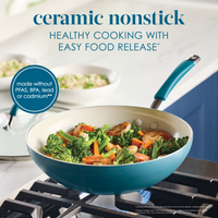 Ceramic nonstick, healthy cooking with easy food release, made without PFAS, BPA, lead or cadmium: marine blue stir fry pan of shrimp and broccolini on a gas stove