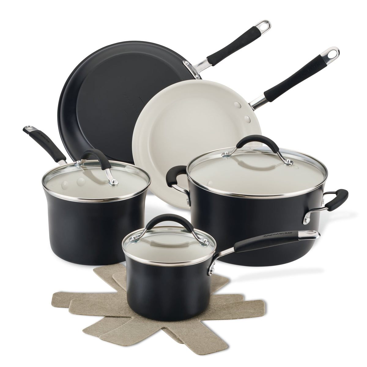 The 10-Piece Cucina Ceramic Nonstick Cookware Set boasts high-performance aluminum construction, including lids and protective pads for durability and convenience in your kitchen.