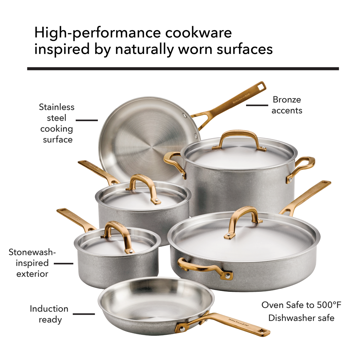 Stonewash Stainless Steel 5-Ply Clad 10-Piece Cookware Set