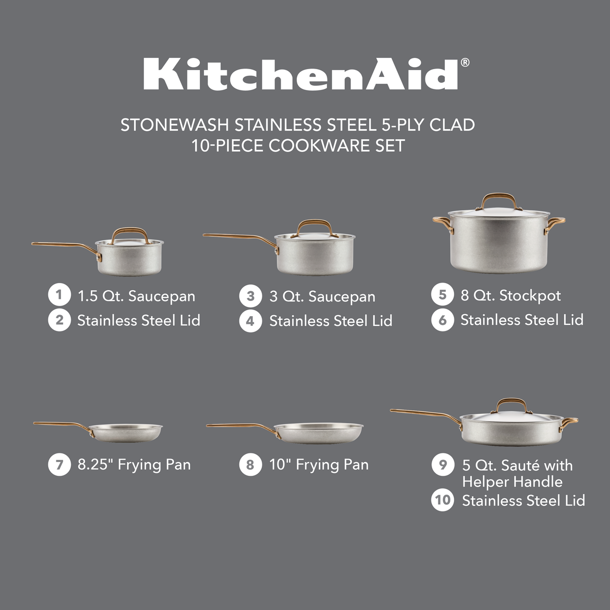 Stonewash Stainless Steel 5-Ply Clad 10-Piece Cookware Set