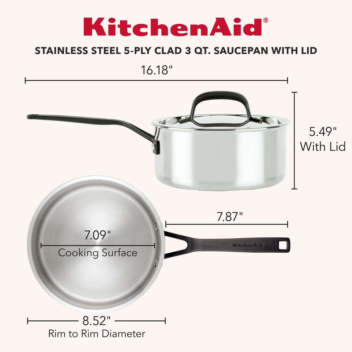 Stainless Steel 5-Ply Clad 3-Quart Saucepan with Lid