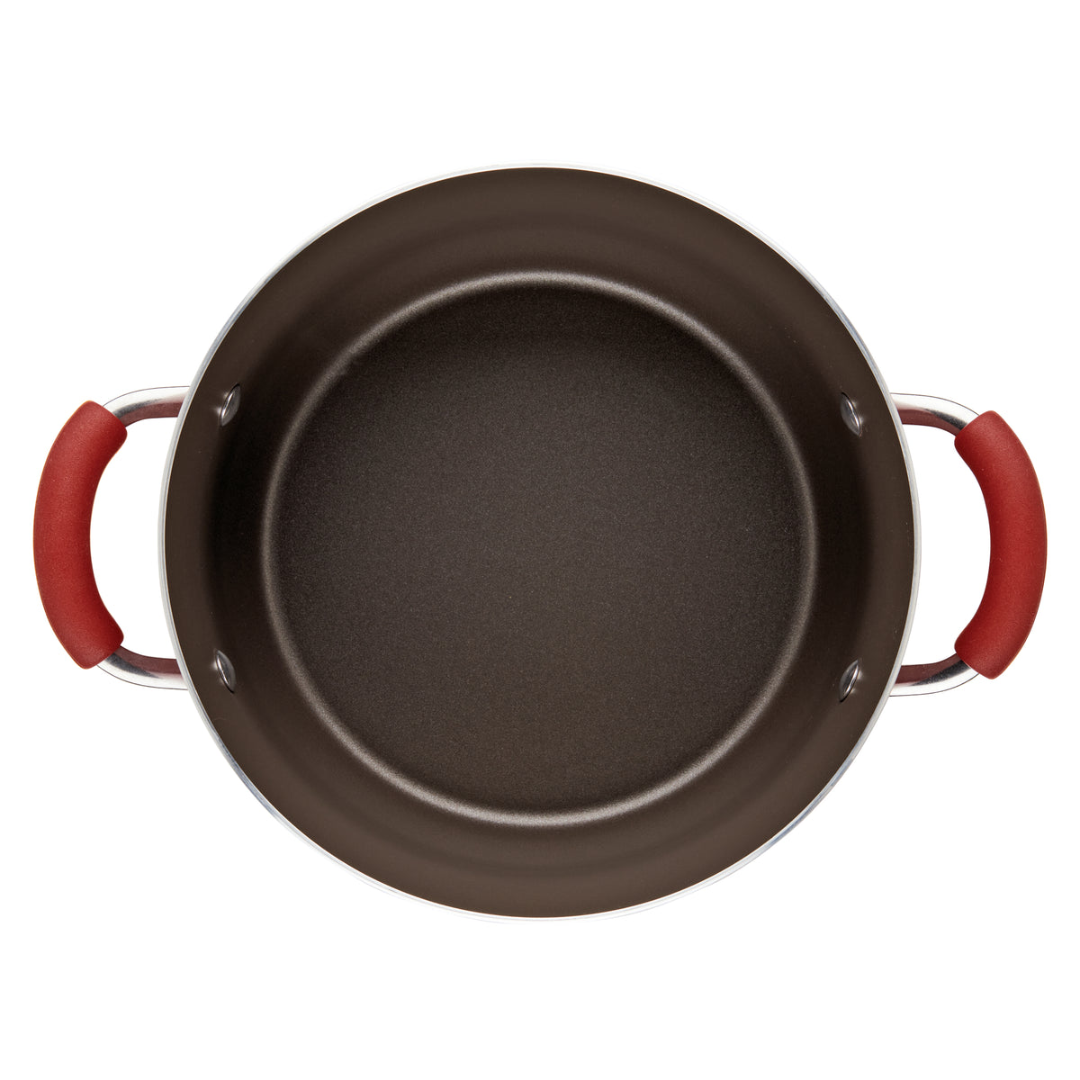 Top view inside the stockpot, showing its brown nonstick interior and red handle grips