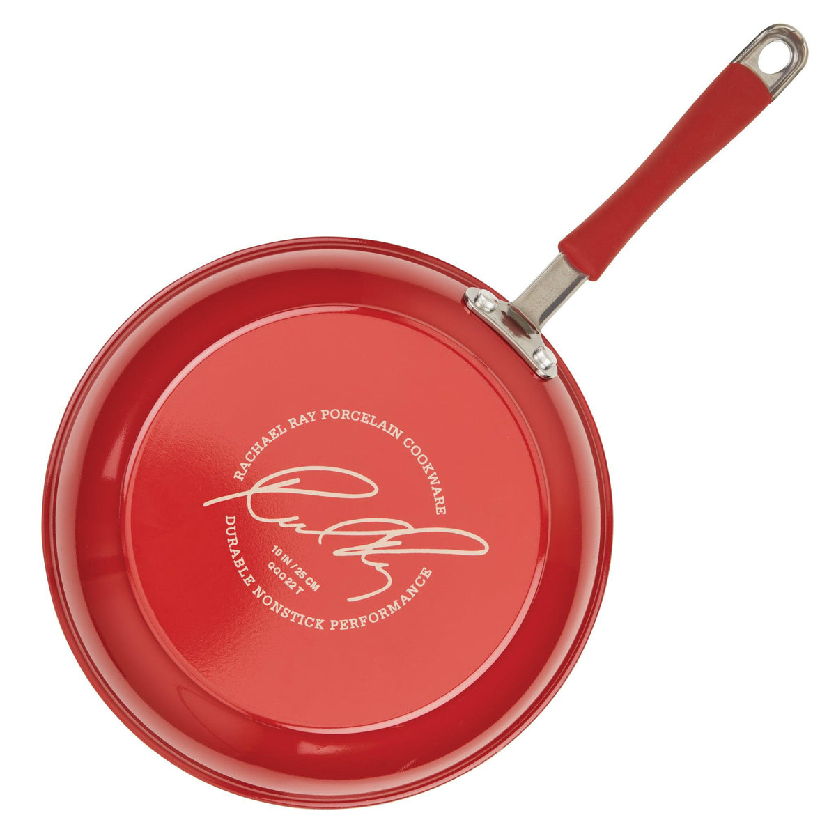 Bottom view of the red 10-inch frying pan with the Rachael Ray porcelain cookware signature stamp