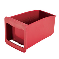 Red catch bucket for the box grater, with measurement lines inside