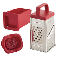 Red and stainless steel box grater with its red catch bucket and food holder