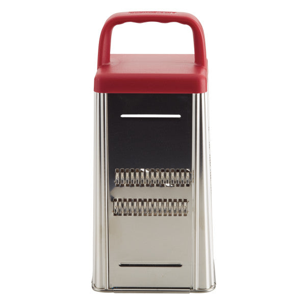 Julienne side of the stainless steel box grater with red handle