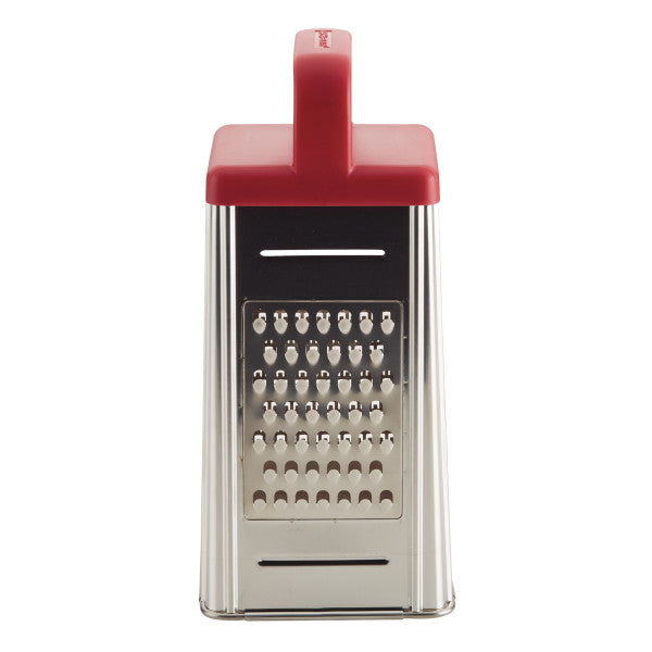 Coarse grating side of the stainless steel box grater with red handle