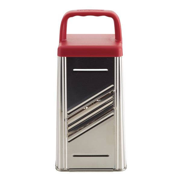 Slicing side of the stainless steel box grater with red handle
