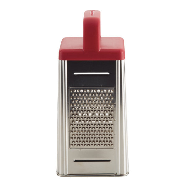 Medium grating side of the stainless steel box grater with red handle