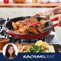 Red cast iron skillet of roast chicken and charred lemons on a gas stove, with the Rachael Ray logo and a photo of Rachael Ray