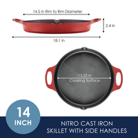 14-inch NITRO cast iron skillet with side handles: 14.5-inch rim-to-rim diameter, 13.25-inch cooking surface, 18.1-inch width, 2.4-inch height; side and top views of the red skillet