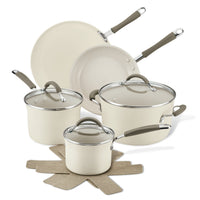 Explore the 10-Piece Cucina Ceramic Nonstick Cookware Set, crafted from high-performance aluminum. This cream-colored set includes ceramic nonstick pots, pans, and lids to guarantee effortless cooking and easy cleanup.