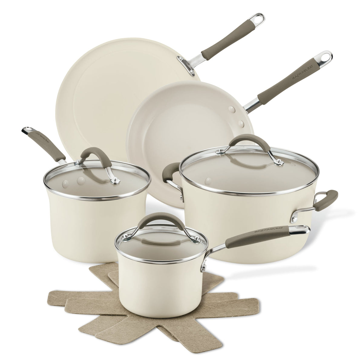 Explore the 10-Piece Cucina Ceramic Nonstick Cookware Set, crafted from high-performance aluminum. This cream-colored set includes ceramic nonstick pots, pans, and lids to guarantee effortless cooking and easy cleanup.