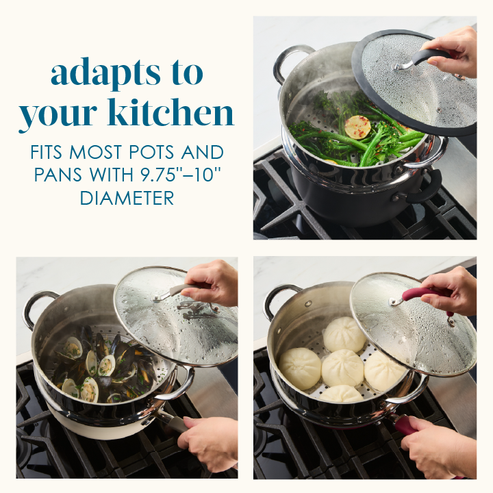 Adapts to your kitchen, fits most pots and pans with a 9.75- to 10-inch diameter: steamer insert on three pots on a gas stove, steaming broccolini, clams and mussels, and bao buns