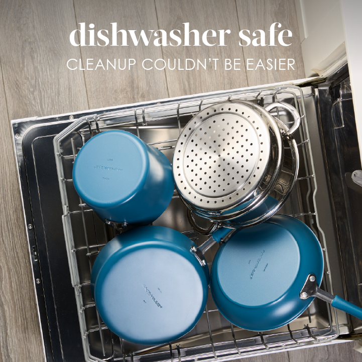 Dishwasher safe, cleanup couldn't be easier: stainless steel steamer insert and blue pots and pans upside down in a dishwasher rack
