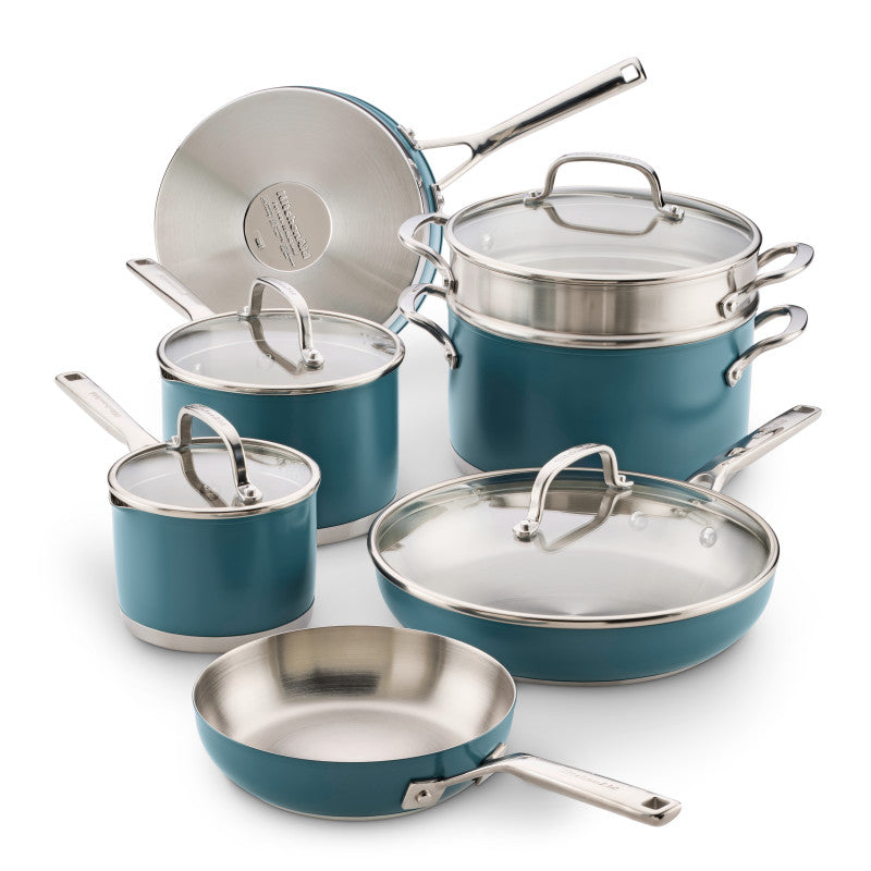 Color-Finished Stainless Steel 3-Ply Base 11-Piece Cookware Set