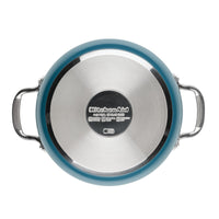 Bottom view of the agave blue casserole showing the stainless steel base stamped with the KitchenAid logo