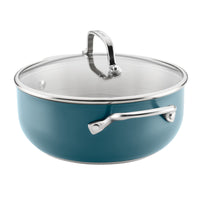 Side view of the agave blue 4-quart casserole with glass lid