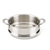 The 10-Inch Stainless Steel Steamer Insert, with a perforated base and two sturdy handles, can be used as a cooking pot and is dishwasher safe for easy cleaning.