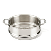 10-inch stainless steel steamer insert with two side handles and a perforated base