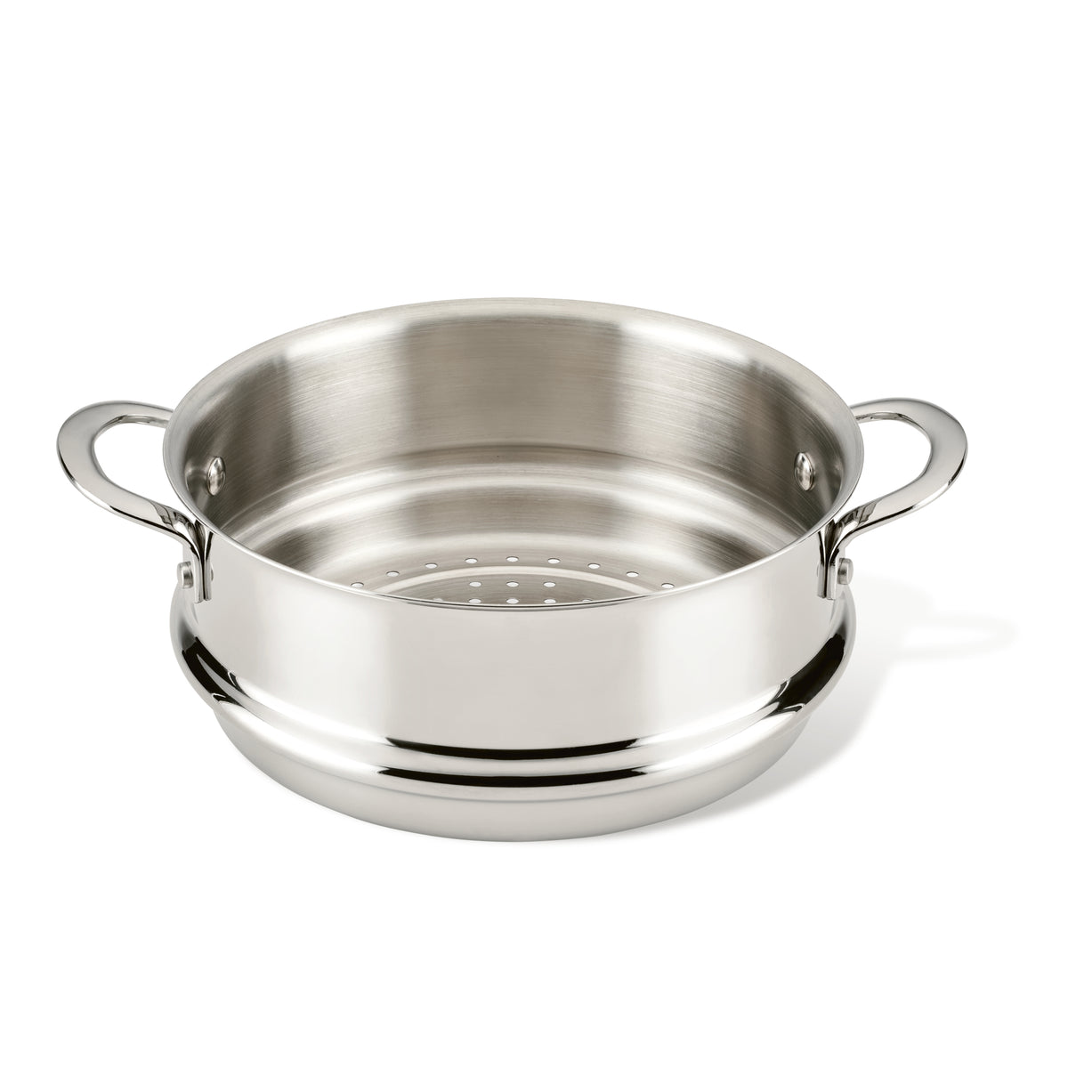 10-inch stainless steel steamer insert with two side handles and a perforated base