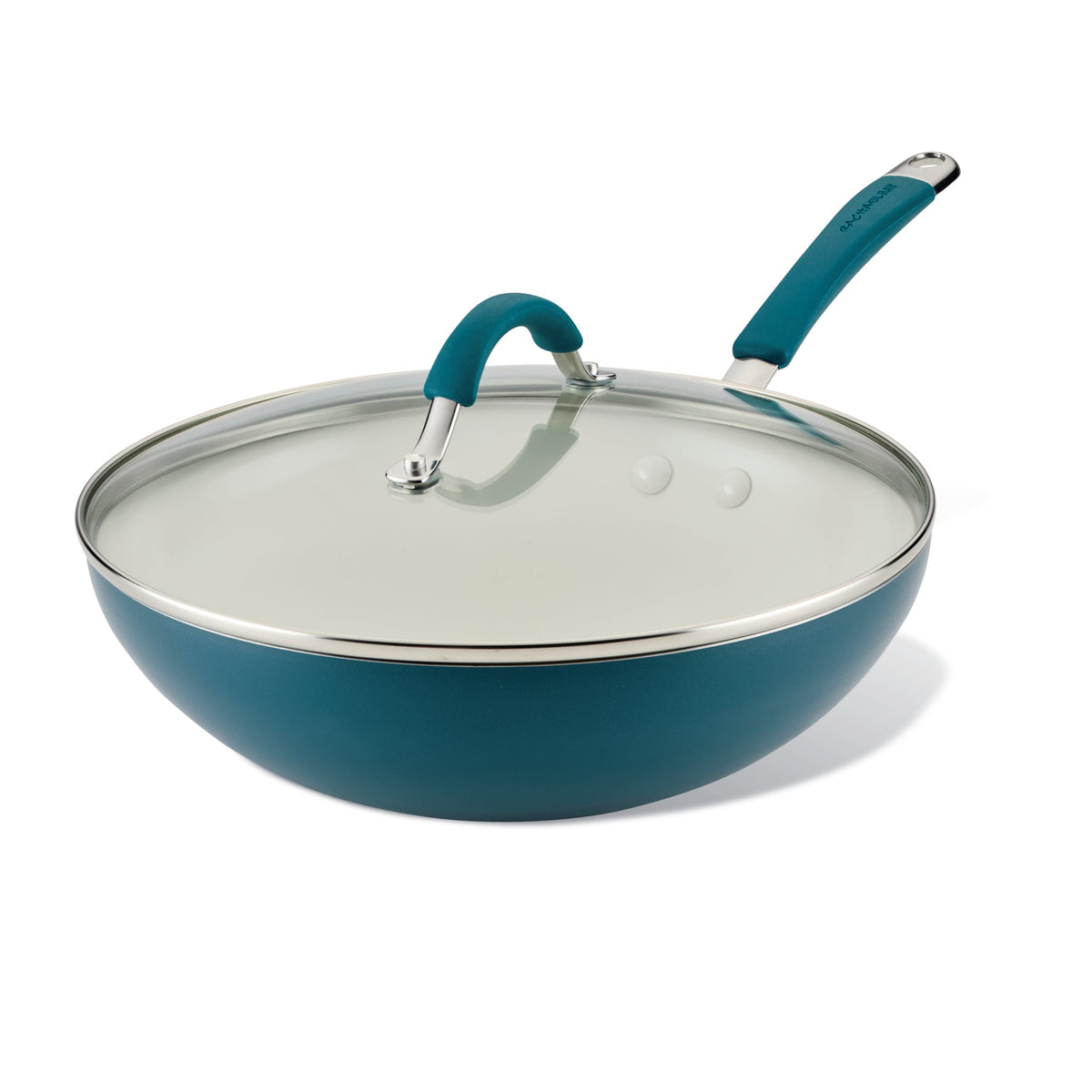 Cucina Ceramic Nonstick Stir Fry Pan with an aluminum base, featuring a glass lid and ergonomic handle in teal.