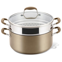 Bronze 8.5-quart wide stockpot with the stainless steel insert and glass lid on top