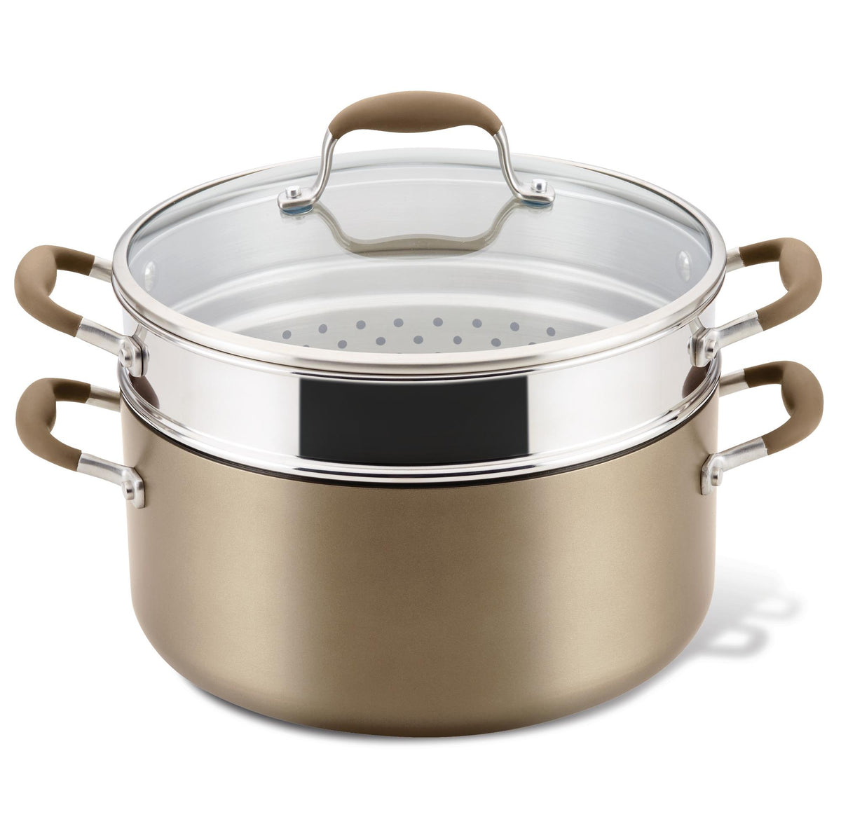 Bronze 8.5-quart wide stockpot with the stainless steel insert and glass lid on top