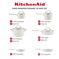 KitchenAid hard-anodized ceramic 10-piece set in porcelain white: 1.5- and 3-quart saucepans with glass lids, 6-quart stockpot with lid, 3-quart sauté with lid, 8.25- and 10-inch frying pans