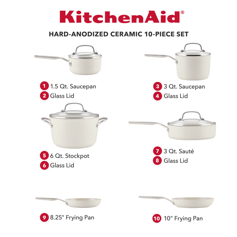 KitchenAid hard-anodized ceramic 10-piece set in porcelain white: 1.5- and 3-quart saucepans with glass lids, 6-quart stockpot with lid, 3-quart sauté with lid, 8.25- and 10-inch frying pans