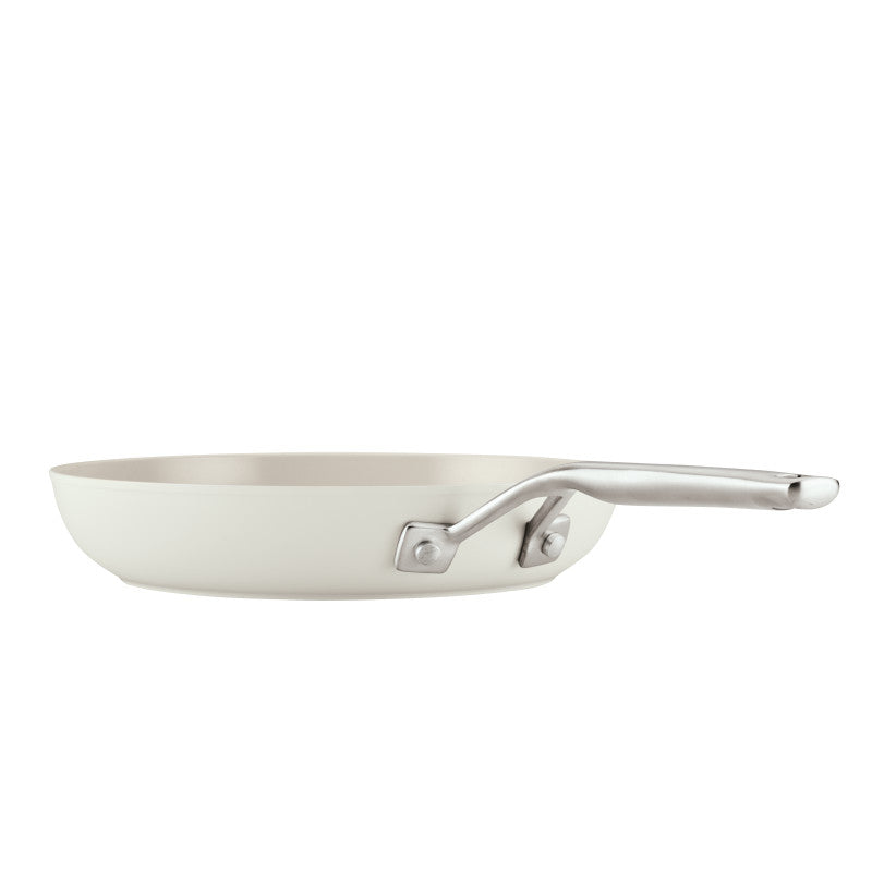Side view of the porcelain white 10-inch hard anodized ceramic nonstick frying pan