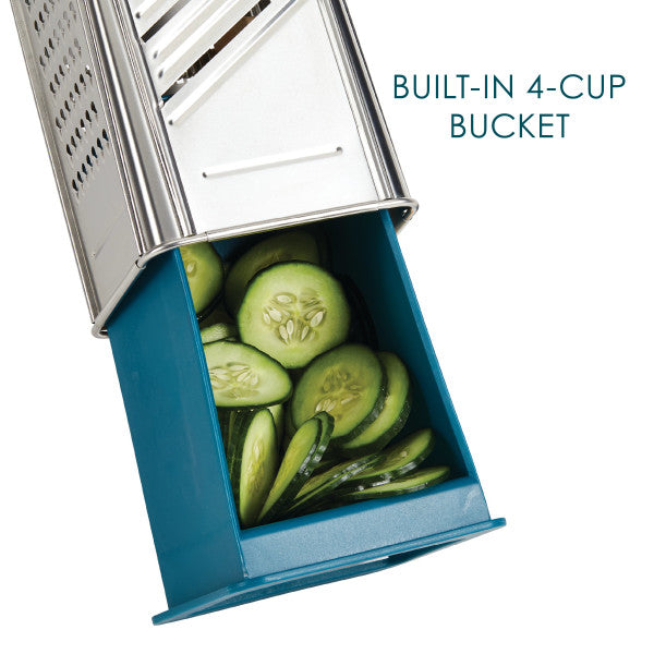 Built-in 4-cup bucket: sliced cucumbers in the teal bucket attached under the stainless steel box grater