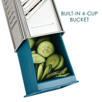 Built-in 4-cup bucket: sliced cucumbers in the teal bucket attached under the stainless steel box grater