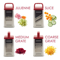 Julienne, slice, medium grate, coarse grate: four sides of the red box grater with julienned vegetables, sliced carrot and cucumber, grated beet and shredded cheese