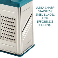 Ultra sharp stainless steel blades for effortless cutting: close-up of the grating and slicing sides of the box grater with teal top and base