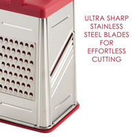 Ultra sharp stainless steel blades for effortless cutting: close-up of the grating and slicing sides of the box grater with red top and base