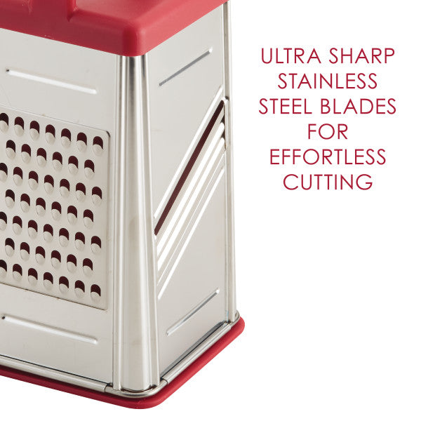 Ultra sharp stainless steel blades for effortless cutting: close-up of the grating and slicing sides of the box grater with red top and base