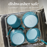 Dishwasher safe, cleanup couldn't be easier: marine blue pots and pans upside down in a dishwasher rack