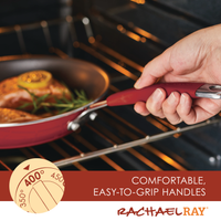 Comfortable, easy-to-grip handles: hand lifting a red frying pan of seared fillets with lemon and rosemary from an oven rack, beside an oven dial icon at 400°