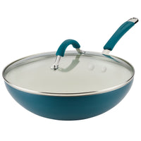 Marine blue ceramic nonstick stir fry pan with tempered glass lid