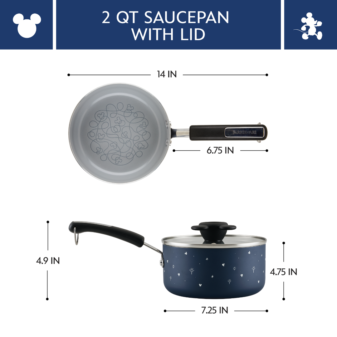 2-quart saucepan with lid: top and side views of the blue saucepan, 14 inches long including the 6.75-inch handle, 7.25 inches wide and 4.75 inches tall