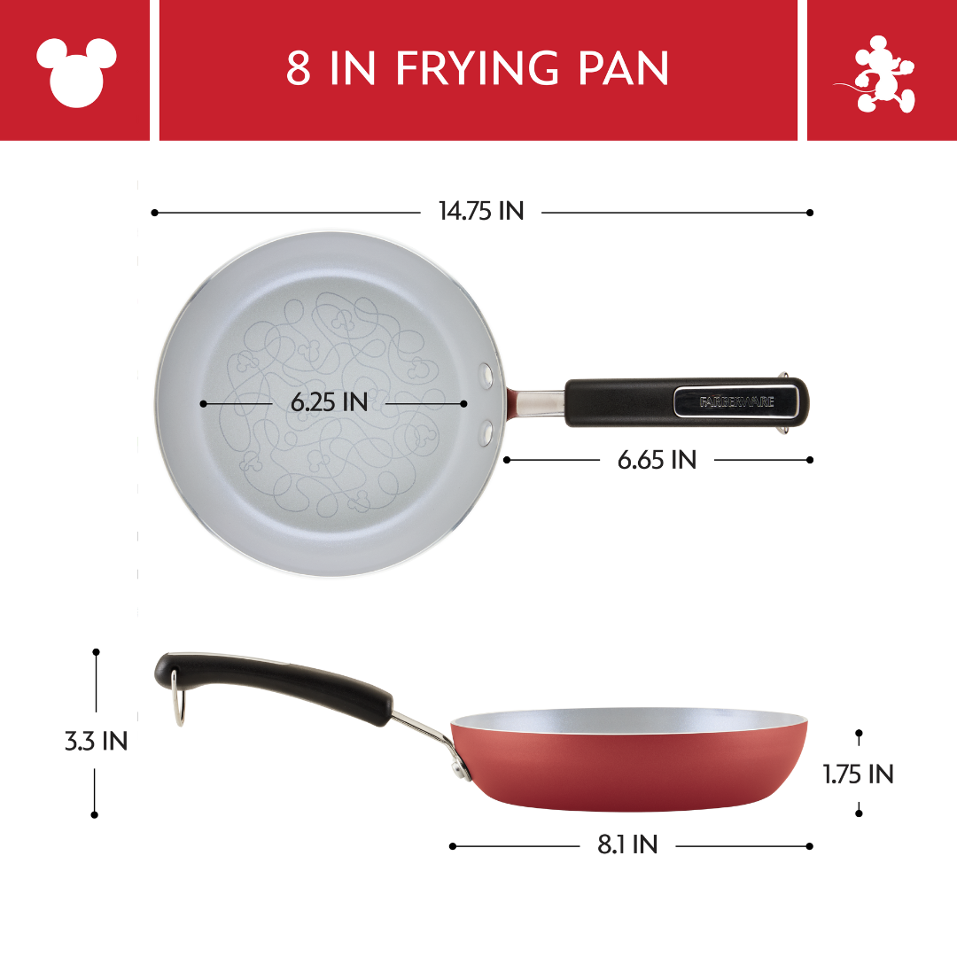 8-inch frying pan: top and side views of the red pan, 14.75 inches long with handle, 6.25-inch cooking surface, 8.1 inches across and 1.75 inches deep