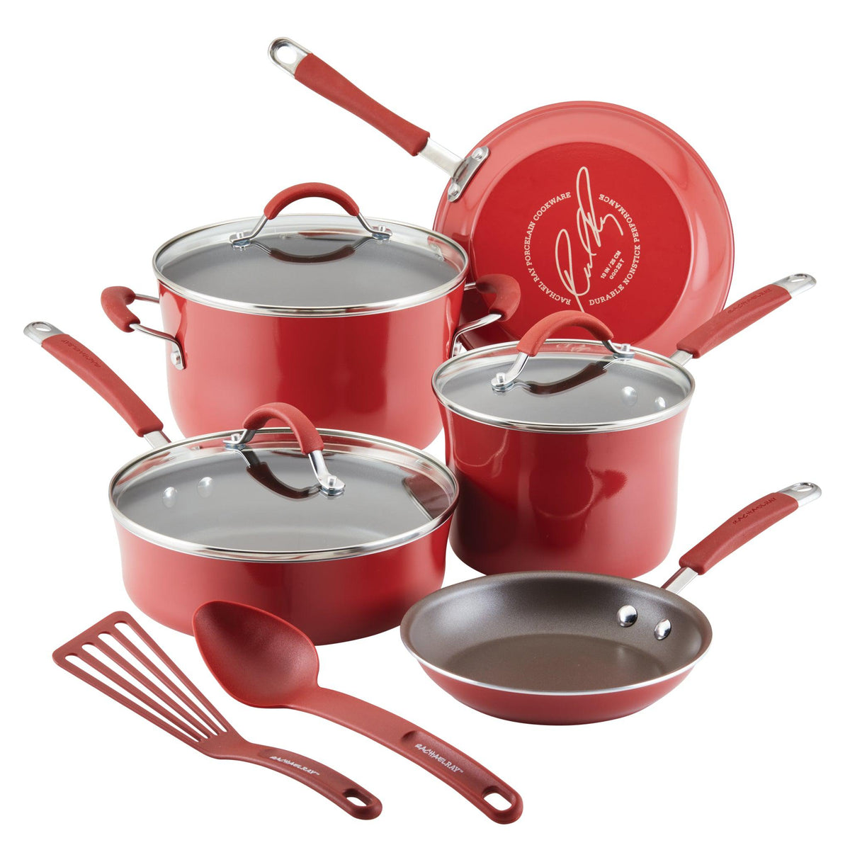 Red 10-piece cookware set: covered stockpot, covered sauté pan, covered saucepan, two frying pans, a slotted turner and a spoon