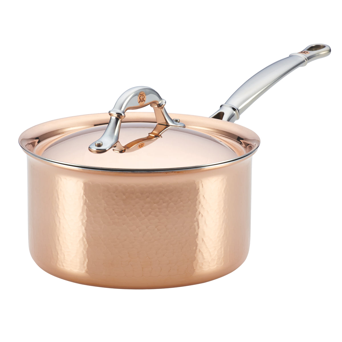 Hammered copper 1.5-quart saucepan with copper lid and stainless steel handles