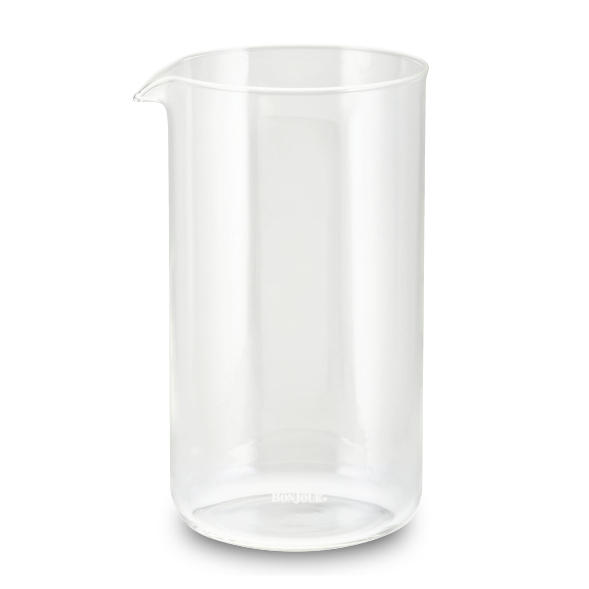 Clear glass 8-cup replacement carafe with a pour spout and the Bonjour logo