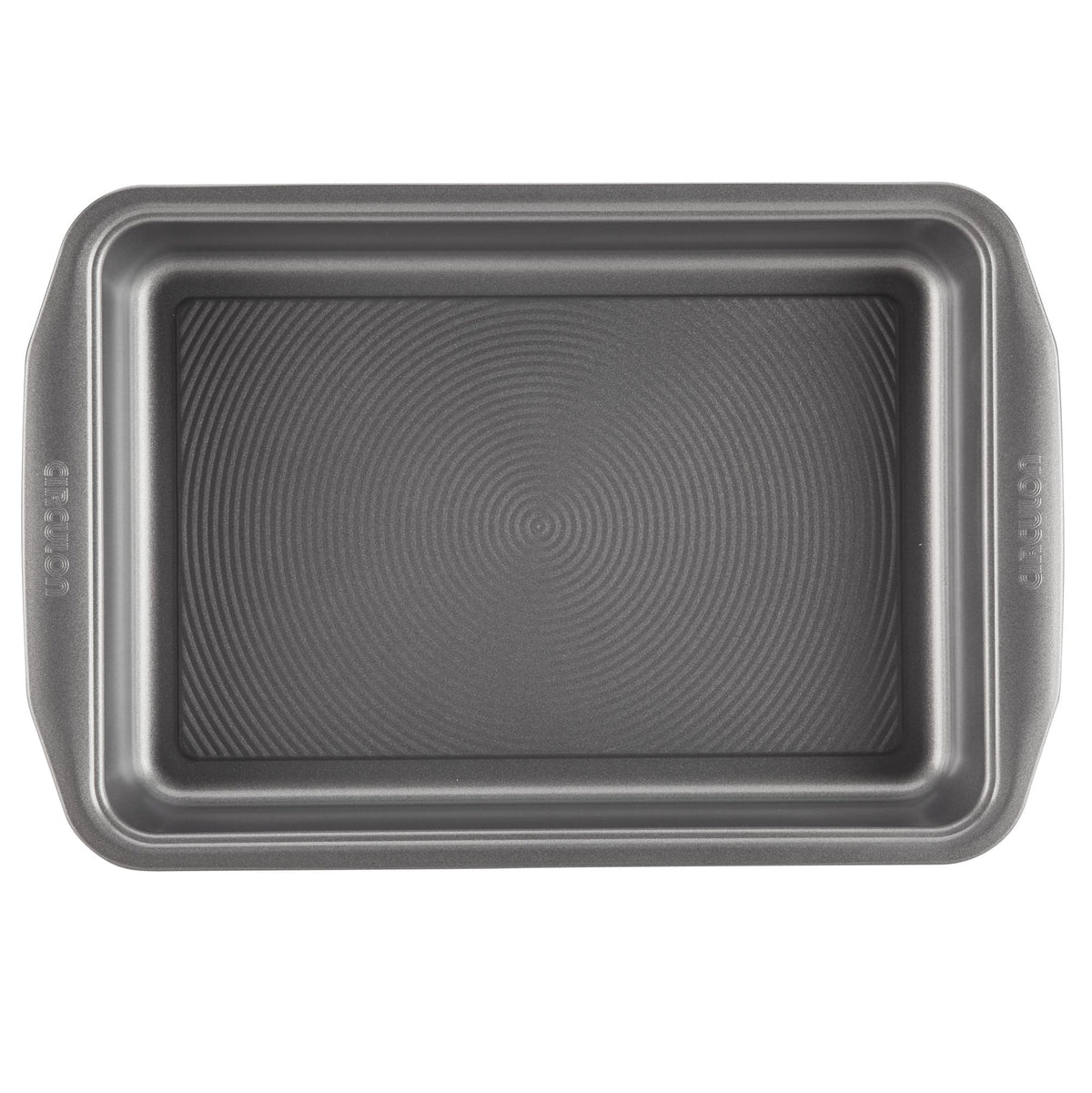 Top view of the gray 9 x 13-inch nonstick rectangular cake pan with concentric circle texture